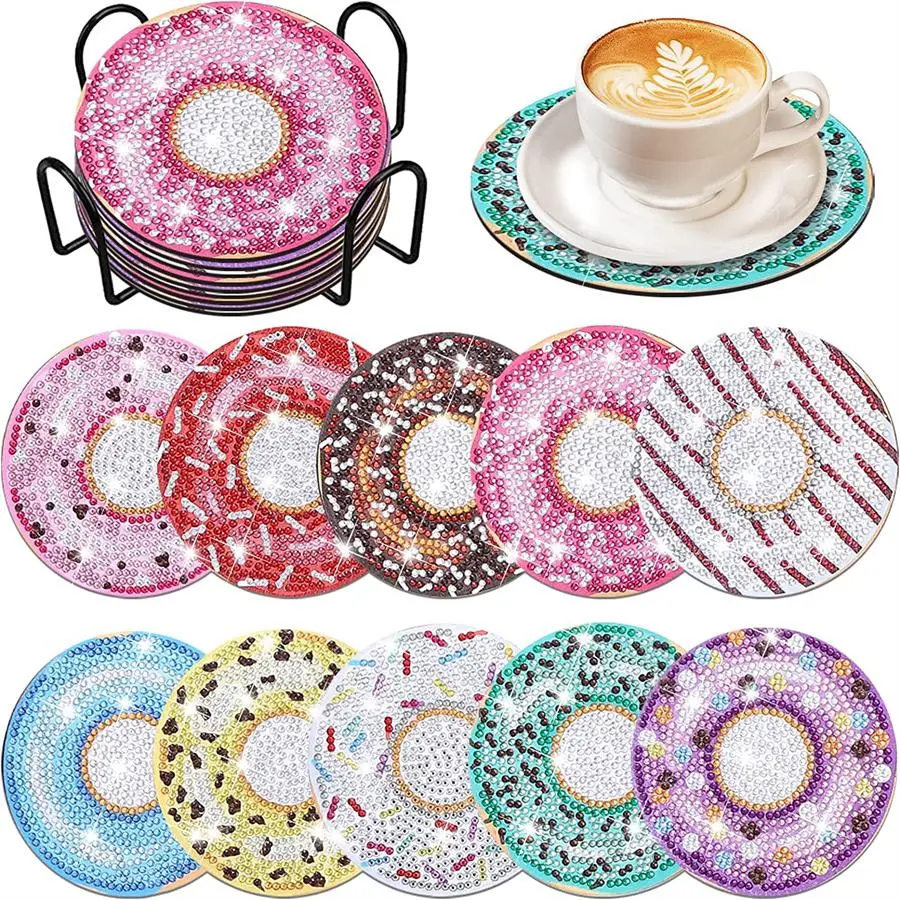10 pieces/sets of colored donut pattern diamond painting coasters, DIY round wooden coasters, handcrafted artworks, diamond art sets, holiday gifts, home kitchen decorations, gifts for family and friends