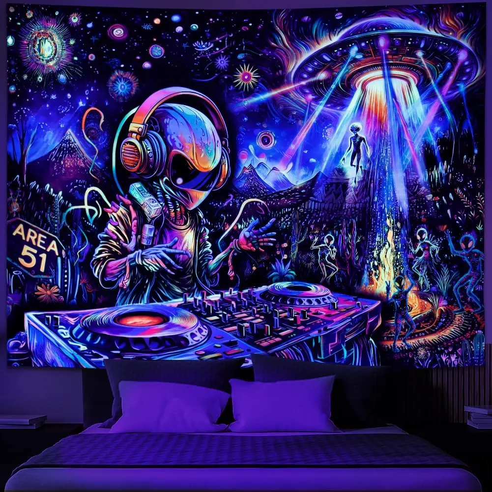 Galoker Blacklight Alien UFO Tapestry Trippy Galaxy Planet Tapestry UV Reactive Funny DJ Music Wall Tapestries Plant Cactus Tapestries Wall Hanging for Home Decor(51.2"x59.1") Decoration Spooky