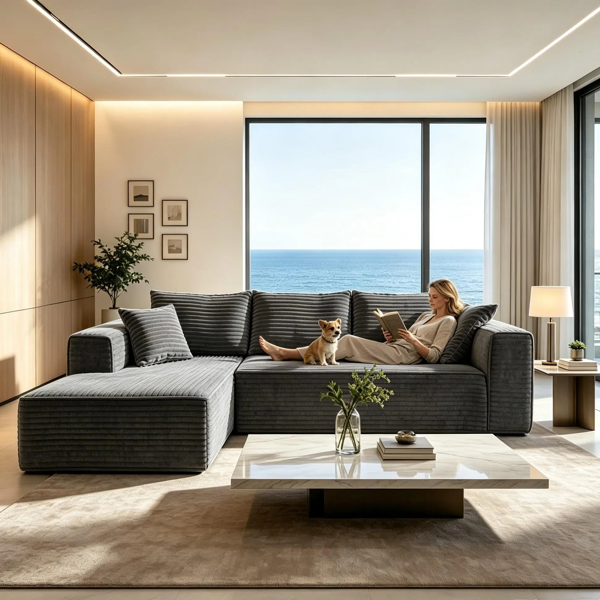 Living room L-shaped sofa, vacuum-compressed modular sofa set, chenille cloud sofa without frame with chaise longue section, no assembly required, high-resilience foam sofa, suitable for living rooms, apartments, and small homes