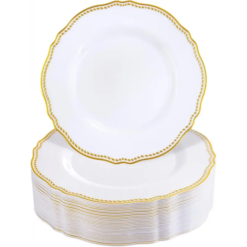 60pcs Gold Plastic Plates - White and Gold Disposable Dinnerware with Gold Rim, Heavy-duty, 7 inch, Dessert Plates for Party & Thanksgiving