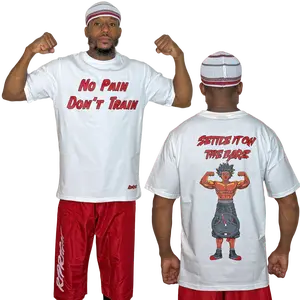 Settle It On The Barz Tee - No Pain Don't Train - White T-Shirt with Bold Red Text and Graphic Design