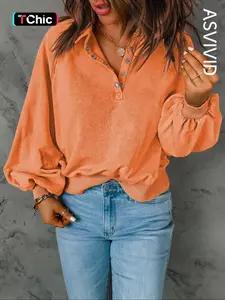 Women's Button Front Raglan Sleeve Sweatshirt, Casual Plain Long Sleeve Collared Pullover, Ladies' Clothes for Fall & Winter, National Day Clothing, Womenswear