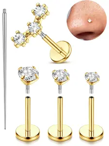 16/18G Nose Rings Stud for Women Men - 14K Gold Plated Internal Thread Flat Back Earrings Surgical Steel Hypoallergenic Tragus Helix Conch Piercing Jewelry Labret Lip Nose Ring High Quality Jewelry