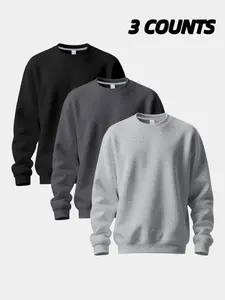 Men's 3 Pack Crew Neck Sweatshirts, Soft Fleece Casual Pullover Set, Classic Solid Color Long Sleeve Tops for Daily Wear, Workout & Layering