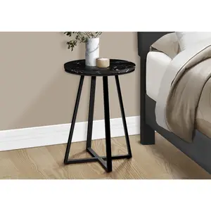 Accent Table, Side, Round, End, Nightstand, Lamp, Living Room, Bedroom, Black Marble Look Laminate, Black Metal, Contemporary, Modern
