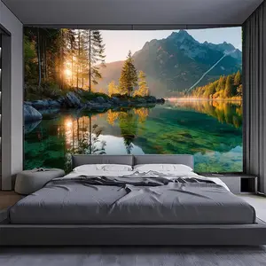1pc Extra Large Morning Lake Forest Tapestry - Large Wall Hanging Decor with Sunrise Lake Mountain Landscape - HD Printed Nature Scene Wallpaper Replacement for Living Room, Bedroom, Office, Dorm - Birthday Housewarming Gift - No Electricity Needed - Easy