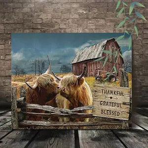 2D 1pc Wooden Framed Canvas Painting Highland Cows Kissing in Front of Rustic Barn Thankful Grateful Blessed Art Prints Wall for Bedroom Living Room Home Decor Rustic Farm Animal Canvas Print Poster Picture with Framed Ready to Hang Gift, 2D Flat, Pe