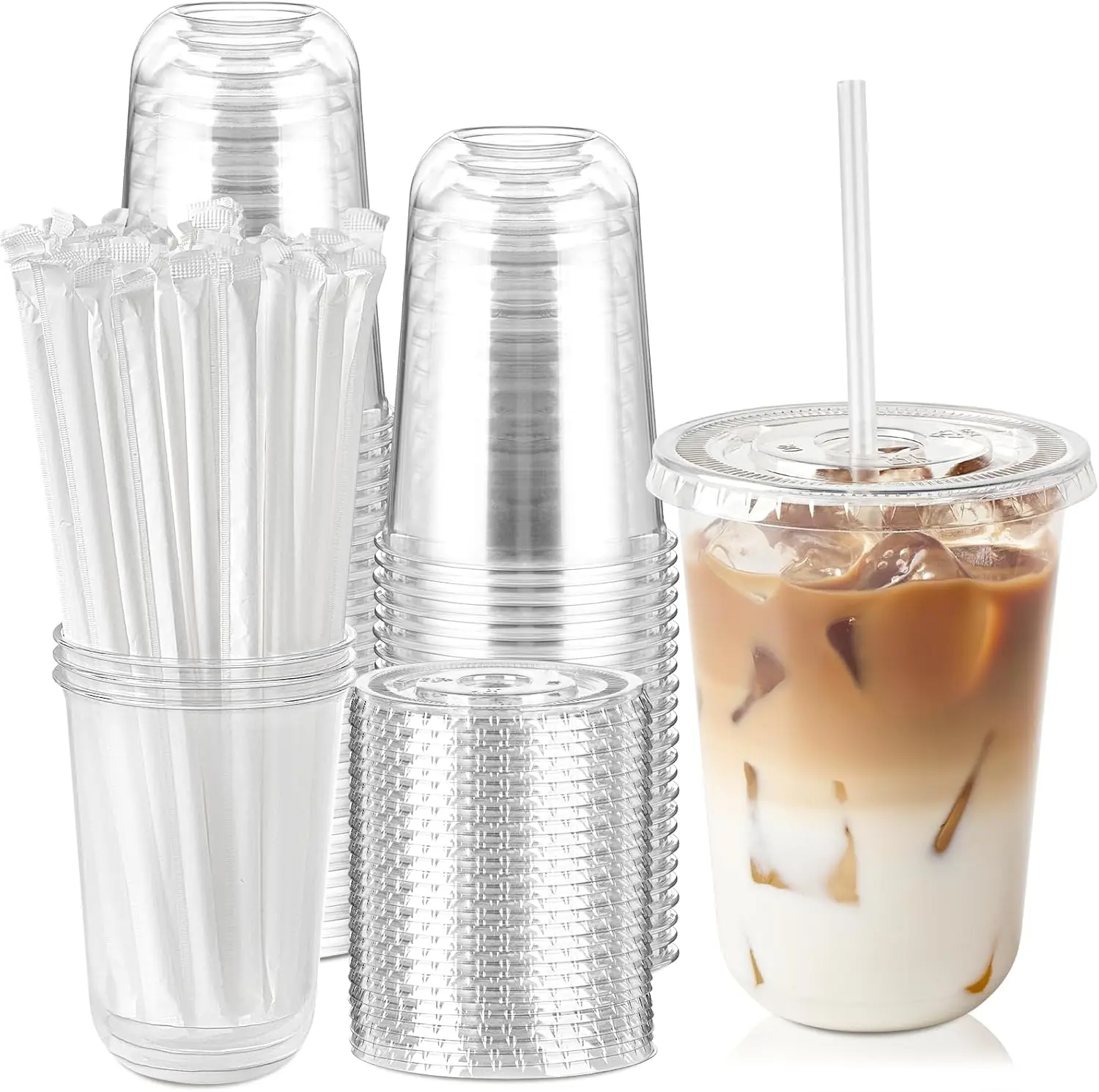 50 Sets 16oz Round Bottom Plastic Cups with Lids and Straws To Go Iced Coffee Cups Cold Drink Cups Clear Disposable For Smoothie Juice Milkshakes