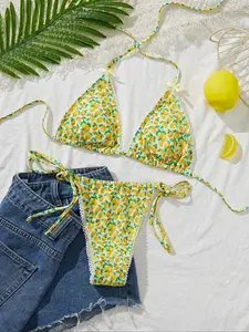 New soft bag printed bow decoration hanging neck tie beach women's sexy and elegant party bikini set Floral Bikini summer beach fashion women's bikini Summer beach fashion women's swimsuit bikini Tie Side Bikini
