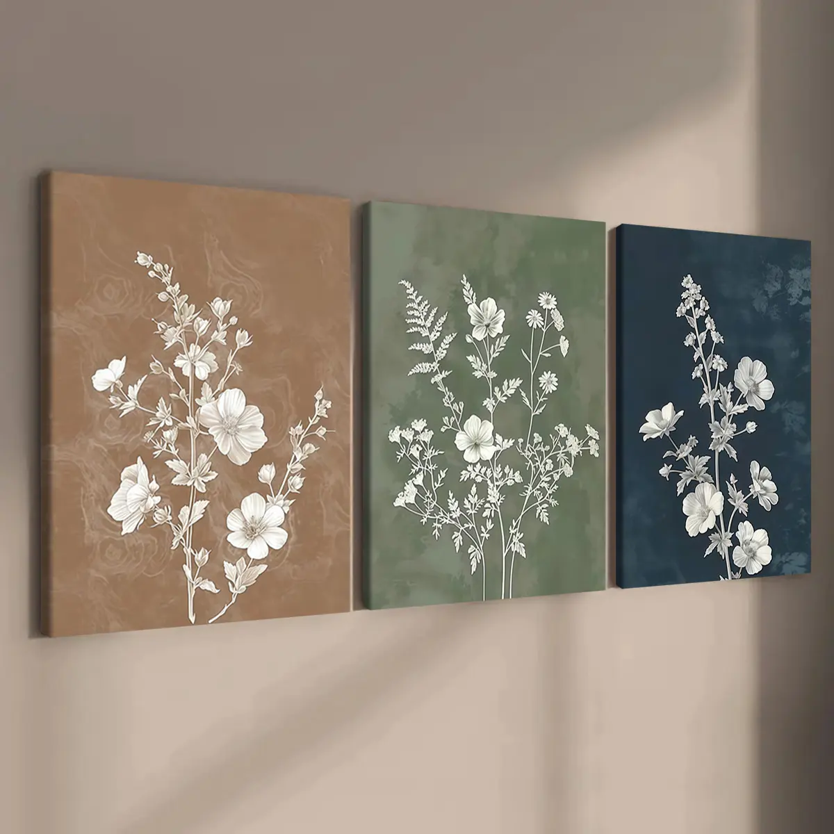 3-Piece Wood Frame Canvas Art Set, Three-Color Grass Floral Posters, Modern Home Decor, Wall Art for Hallway & Living Room, High Definition Print