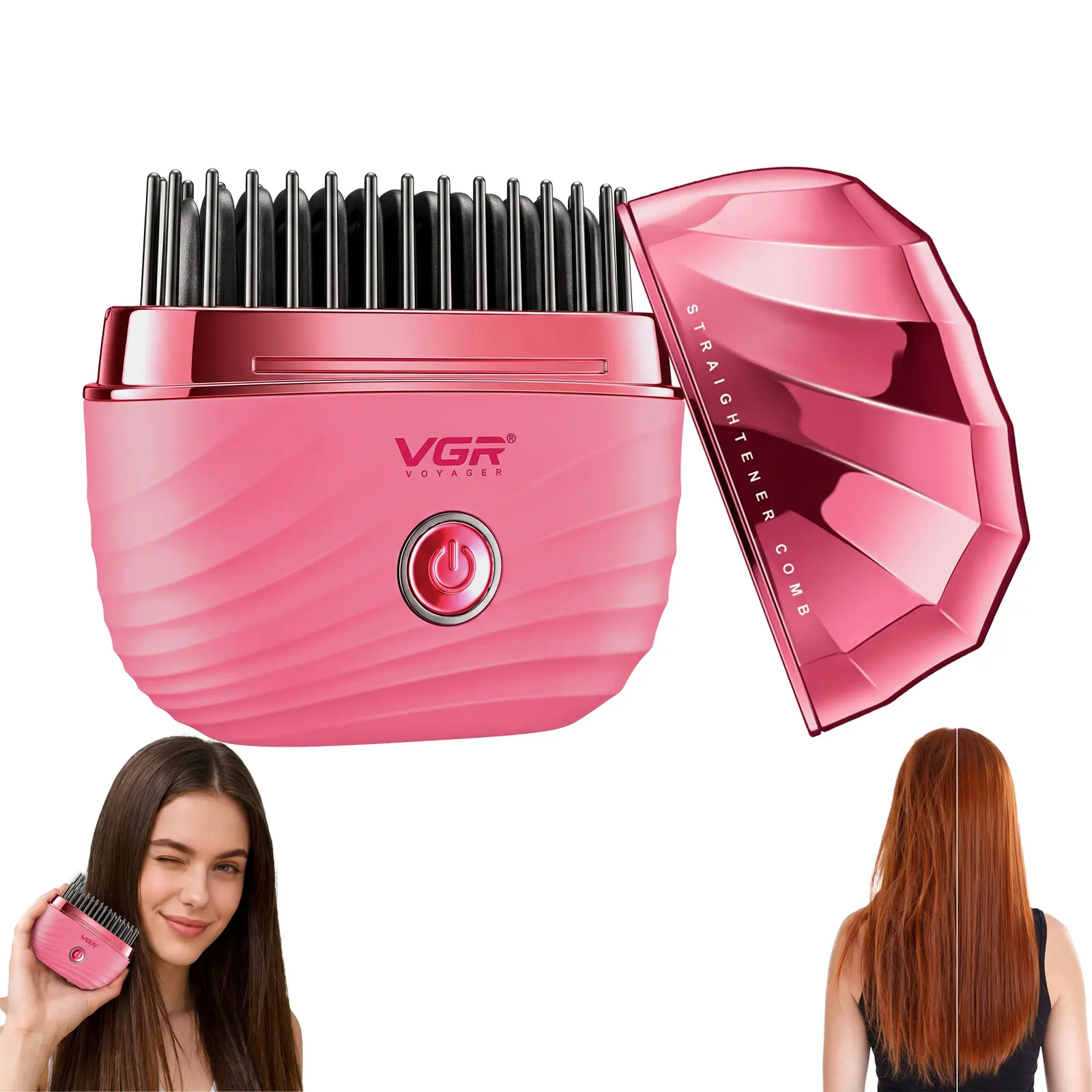 VGR 587 Mini Hair Straightener Comb with 2 Heat Settings, Gold | Cordless USB-rechargeable design, anti-scald comb teeth and a storage bag make styling convenient at home or on trips