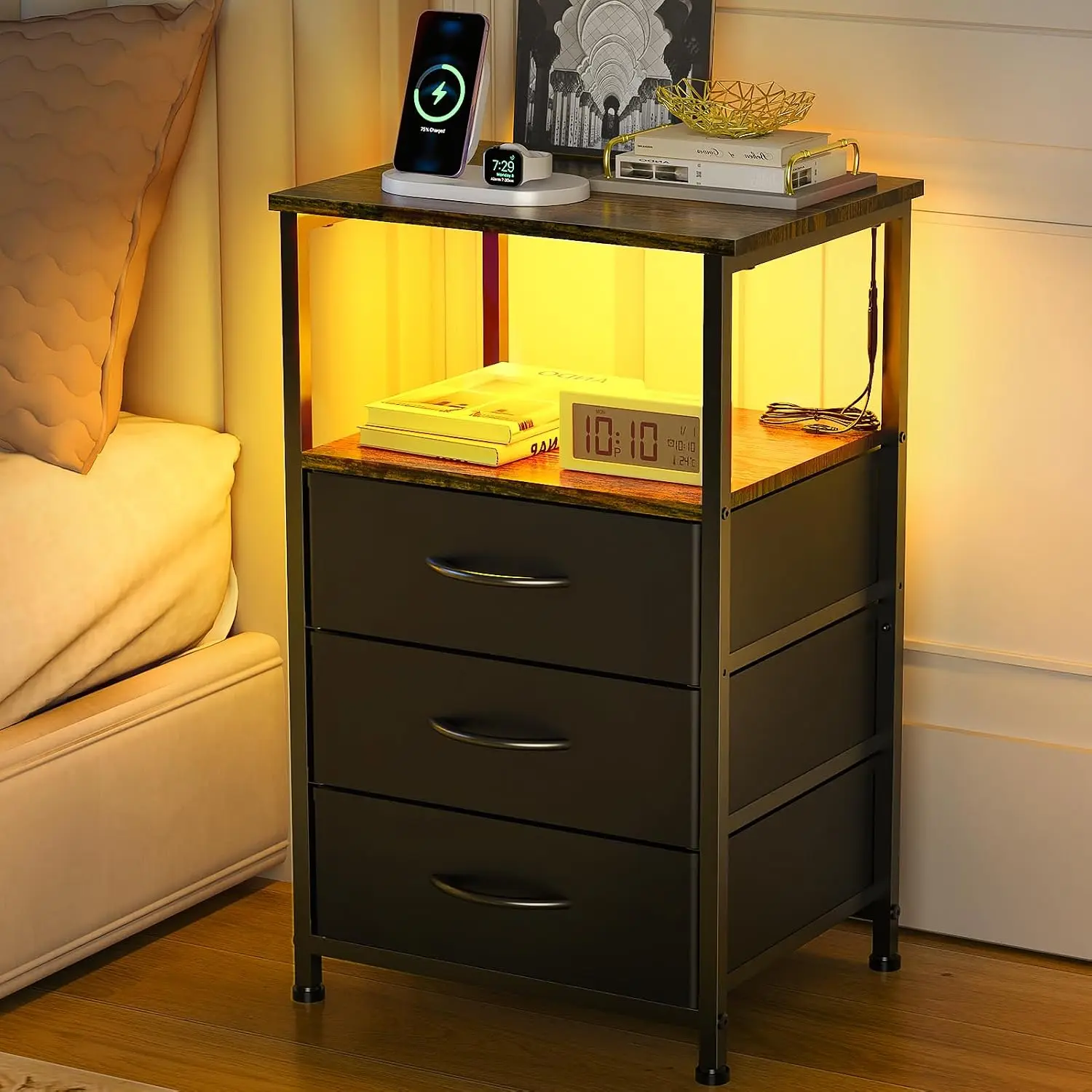 LED Nightstand with 3 Fabric Drawers, Bedside Table with Open Shelf, RGB LED Side Table for Bedroom, Small End Table with Storage, Engineered Wood & Metal Frame, Brown & Black