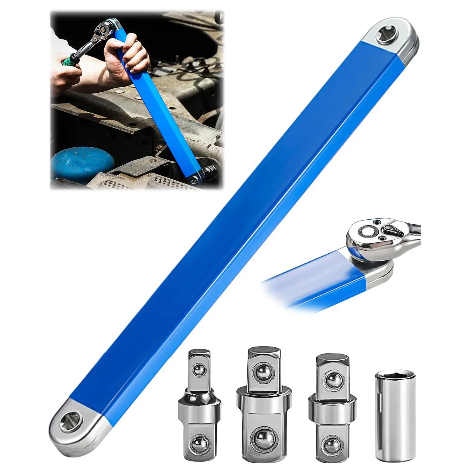 Upgraded Offset Extension Wrench Set, Off Set Extension Wrench 15.4" with 1/4",3/8",1/2" Square Drive Adapters and 1/4" Socket Offset Ratchet Extension for Tight Spaces Heavy Duty Steel Extension Wrench