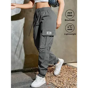 Women's Chic Solid Cargo Pants - Drawstring Waist, Spacious Pockets - Ideal Street Style Essential for Sports, Everyday Outfits, Cargo Pants Women summervibes