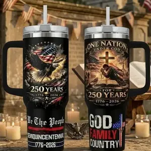 [No Straw] USA 250th Anniversary 40oz Sturdy Portable Insulated Stainless Vacuum Flask Tumbler with Handle, Patriotic Eagle American Flag Travel Mug, God Family Country Birthday Gift Ideas for Patriots