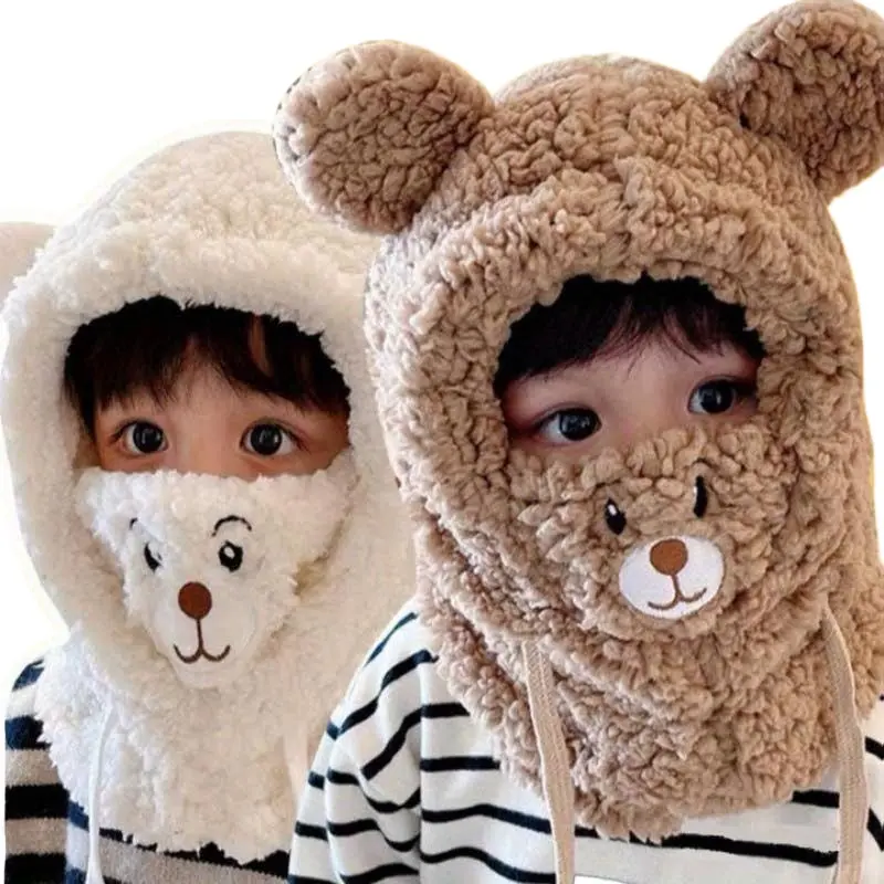 3-in-1 Anime Bear Hat with Cartoon Eyes and Ears, Furry Plush Winter Headwear with Scarf and Mask, Fleece Fabric with Adjustable Size, Cartoon Eyes And Ears Hats, Casual, Animals, Christmas, Double-Layer Fleece Warmth, Cold Weather, 3-In-1 Hat