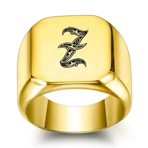 Men's Square Stainless Steel Ring - 26-Letter A-Z Engraving, Geometric Design Ring, Minimalist Retro Accessory for Business-Casual Daily Wear