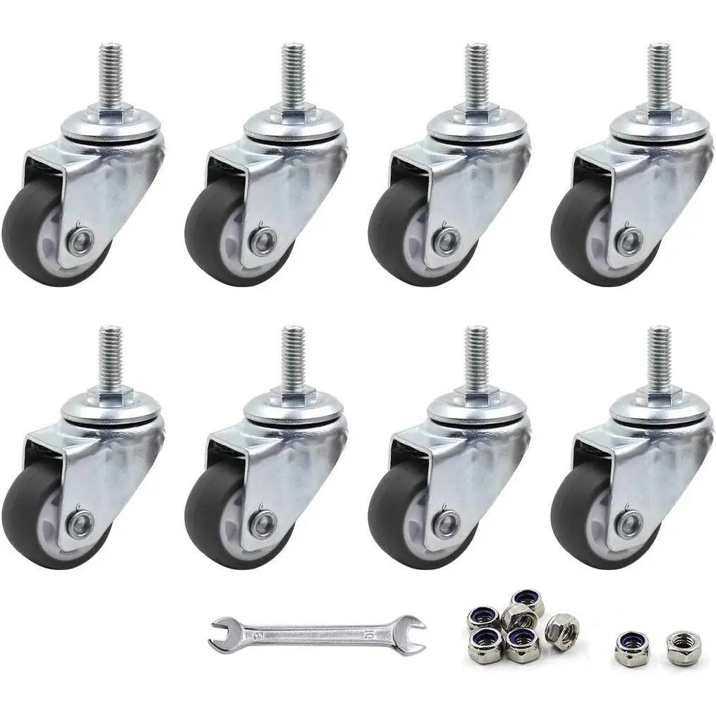 8 count 1" Caster Wheels Swivel Stem Casters for Small  Shopping Cart Trolley Wheel, No Noise TPE M6 x 15mm Threaded Stem Caster, 141lb/64kg Load Capacity