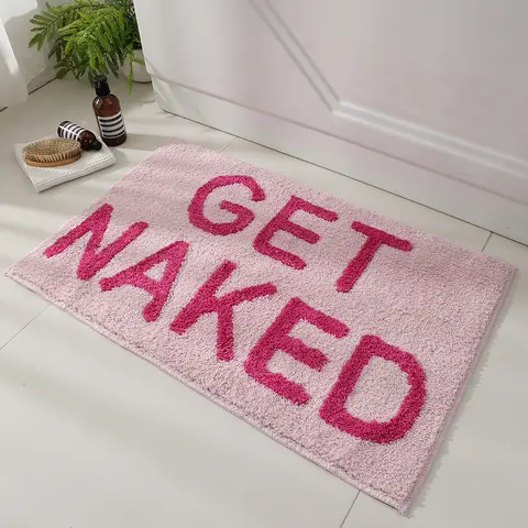 Funny Text Bold Pink Rectangle Polyester Bath Mat - Get Naked Art Novelty Print Modern Bathroom Decor, 32" x 20" Non-Slip Soft Absorbent Spa Splash Mat, Machine Washable for Bathroom Floor, Tub