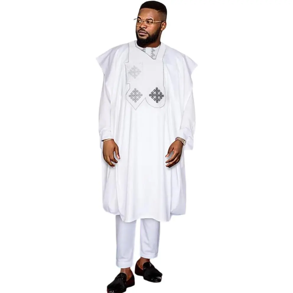 African Mens Traditional Heritage Culture 3 Pieces White Outfit Nigerian Man Agbada Embroidery Boubou Caftan Pants Clothes Set 3XL