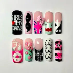 Y2K Emo Scene Press On Nails, Retro Music Player, Cute Monster, UK Flag Inspired, Rhinestone 3D Nail Art Set