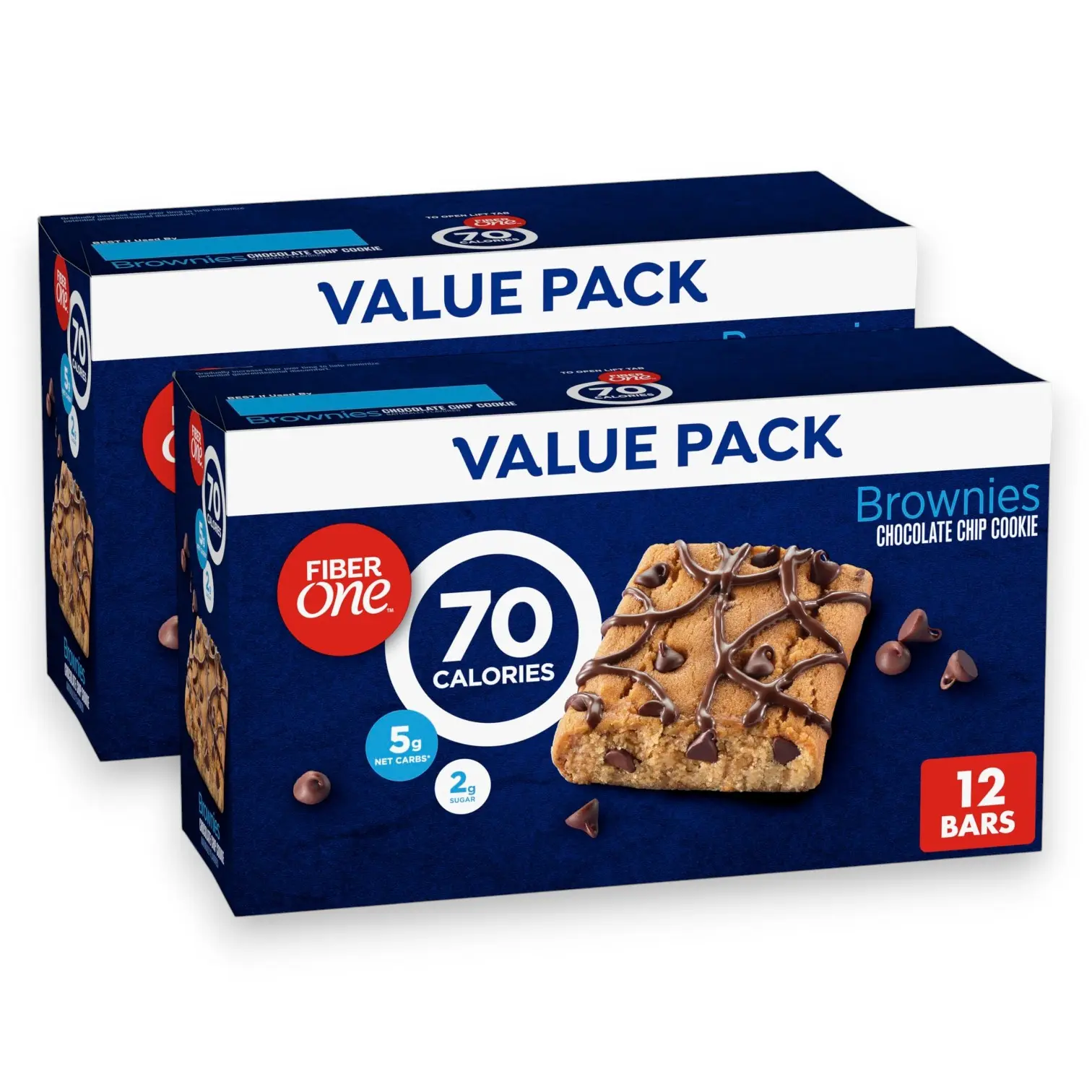 Sweet Chocolate Chip Cookies Fiber Brownie Snack Bars, 70 Calories, 2g Sugar, High Fiber, Ready-to-Eat, 12-Count Value Pack (2 Pack)