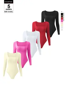Women's Square Neck Long Sleeve Bodysuit – Autumn Winter Shapewear, Slim Fit Stretch One-Piece Tops, Stylish Fashion Basic Casual Layering Outfit, Womenswear Minimalist, Square Neck Detail, Underwear