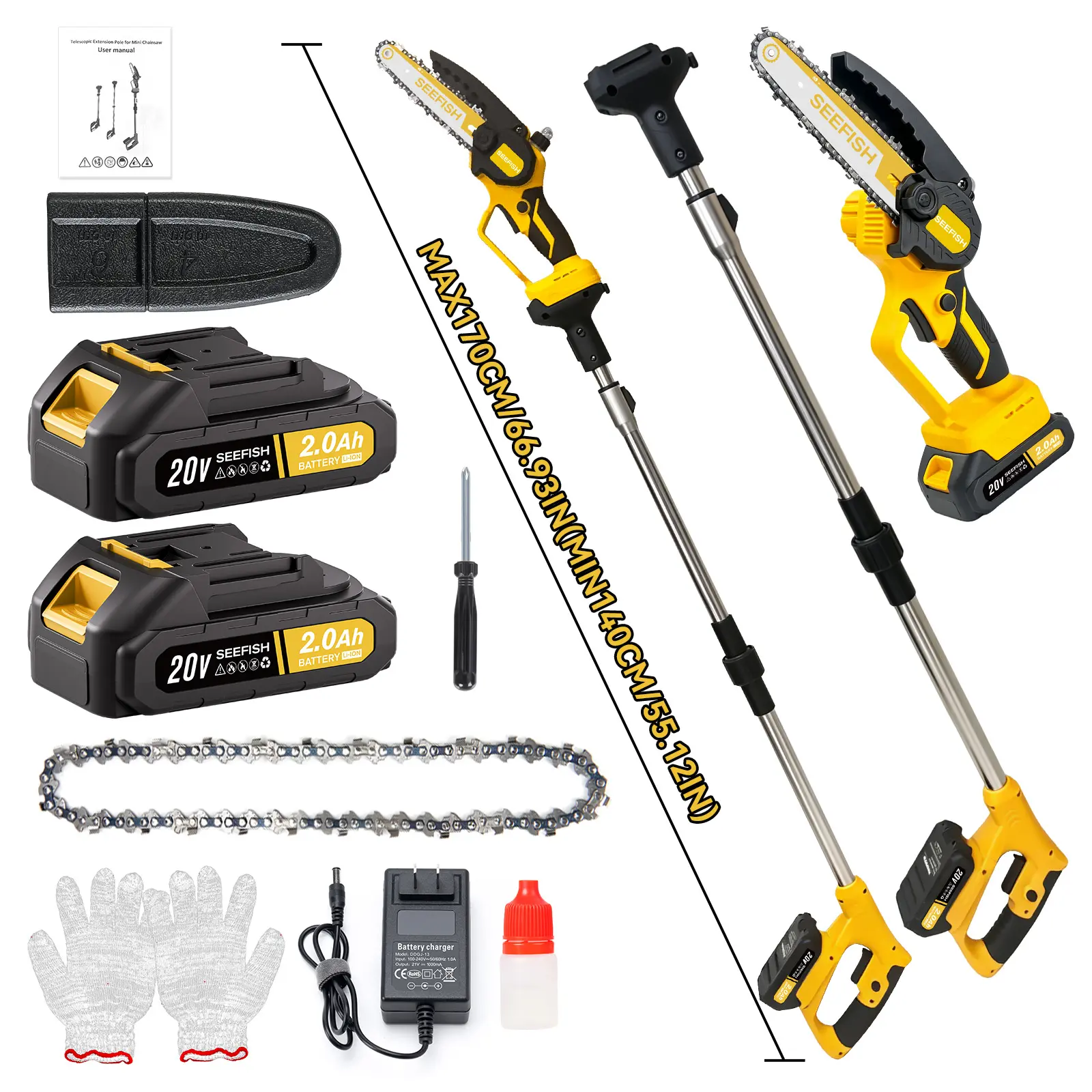 SEEFISH 2 in 1 Cordless Pole Saw & Mini Chainsaw with  Batteries, Power Electric Polesaw f