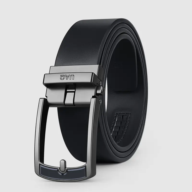 UAQ men's leather ratchet belt with easy-release buckle, adjustable, suitable for formal and casual wear, designer men's gift, outdoor casual textured black business belt, no holes