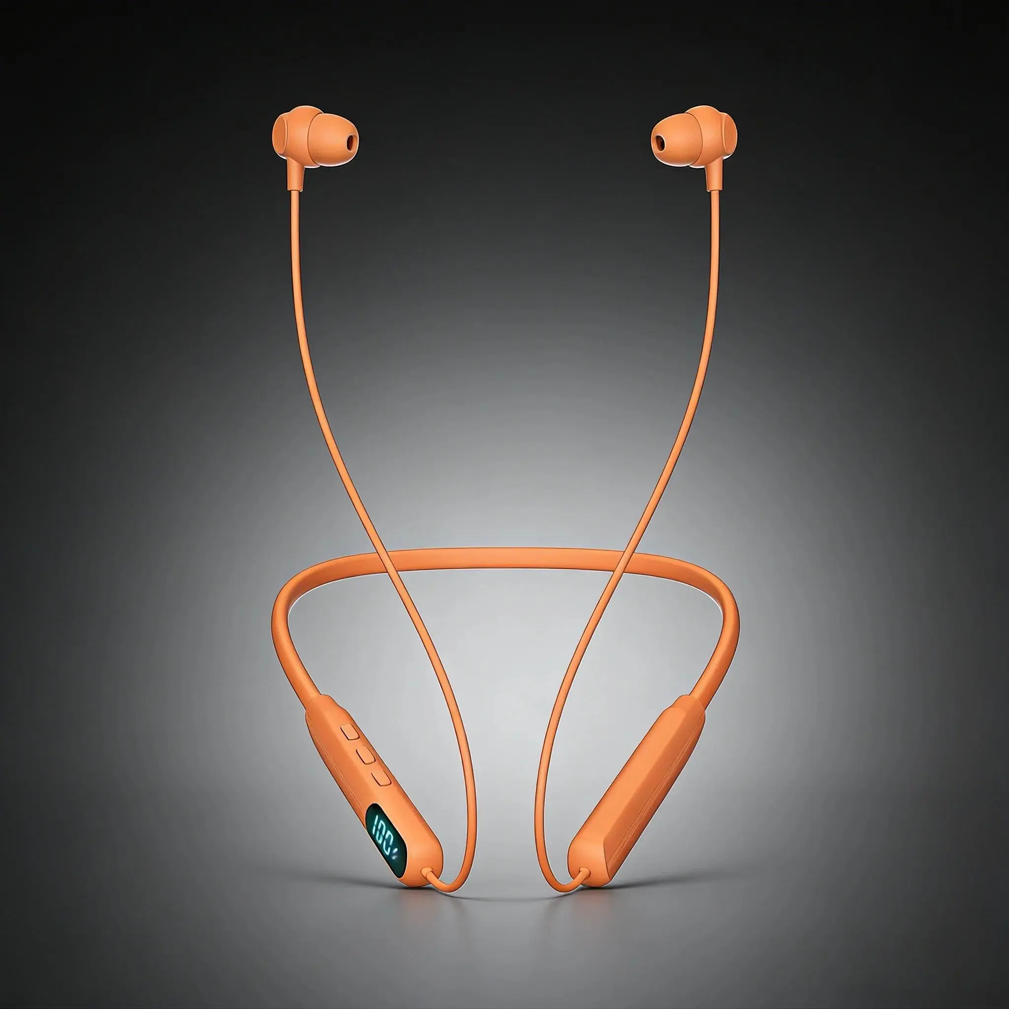 Orange Neckband Wireless Earbuds IPX4 Sweatproof Silicone In Ear Audio Headphones Hi Fi Sound LED Battery Display Magnetic Connection Cable Management Smart Voice Assistant for Sports Hands Free Calls
