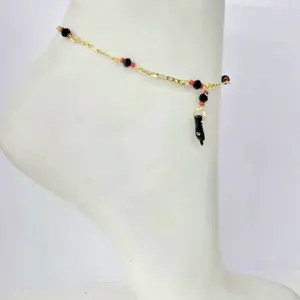 Anklet Hand Azabache Stainless Steel 18K Gold Plated with Red Beads and Black Charm for Women
