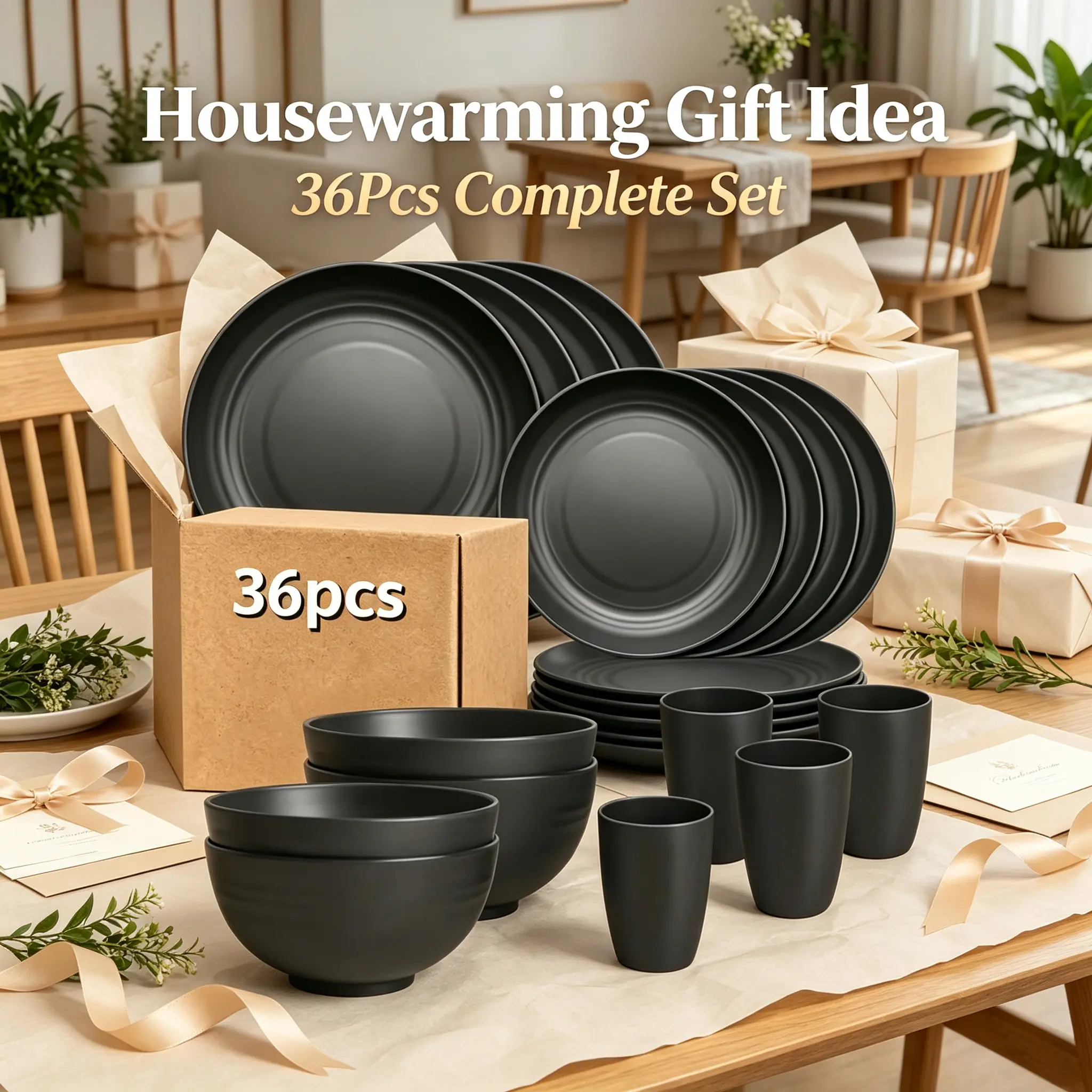 36Pcs Matte Black Wheat Straw Dinnerware Set for 6 People, Unbreakable Lightweight Plates Bowls Cups Combo, Microwave & Dishwasher Safe Eco Reusable Tableware, Large Family Apartment Camping Daily Kitchen Dishes
