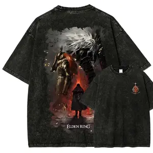Vintage Washed Elden Ring Boss Encounter Oversized T-Shirt, Gothic Streetwear Black Graphic Tee, Malenia & Maliketh Art Print Casual Cotton Short Sleeve for Men Women, Soulsborne Gamer Gift