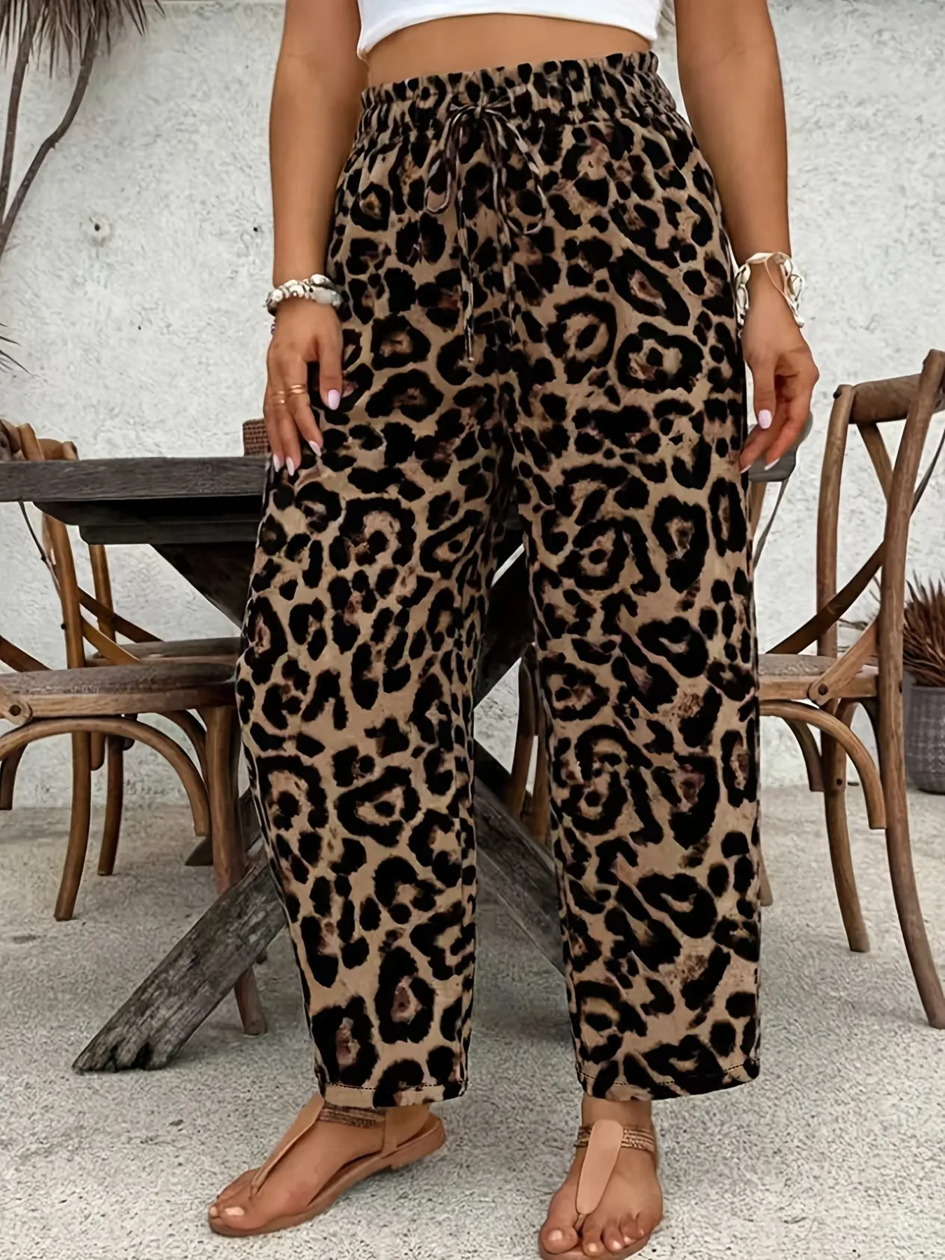 Women's Plus Size Casual Loose Fit Long Pants Bottoms, Full Print Leopard Pattern, Drawstring Elastic Waist, Pocket Design