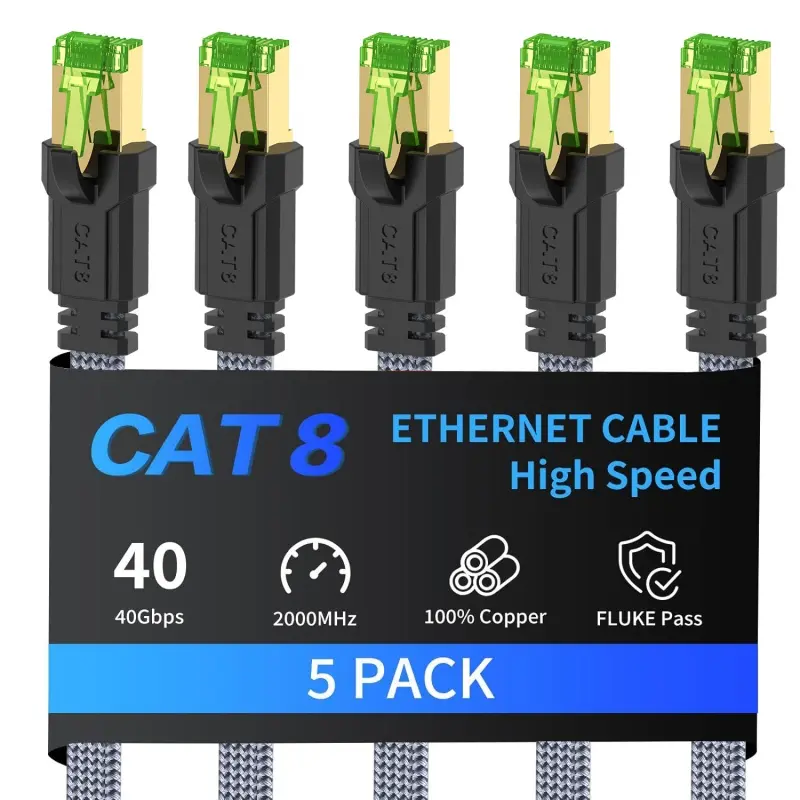 MIZIQIER 5-Pack Fluke Pass High-Speed Cat 8 SFTP Flat Shielded Ethernet Cables, 40Gbps 2000MHz RJ45 Connector LAN Patch Cord for Modem, Router (Indoor/Outdoor)