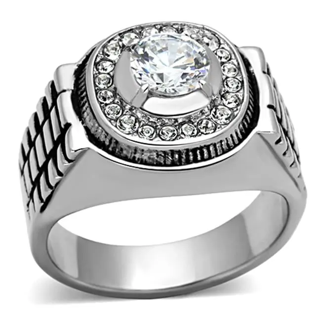 Alamode TK948-8 Men High Polished Stainless Steel Ring with AAA Grade CZ in Clear - Size 8
