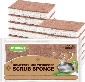 Natural Scrub Sponges Kitchen 12 Pack, Non-Scratch Cleaning Sponges for Dishes, Cellulose Sponges Safe on Non-Stick Cookware, Dual Sided Dish Sponge for Washing Dishes, Kitchen and Household
