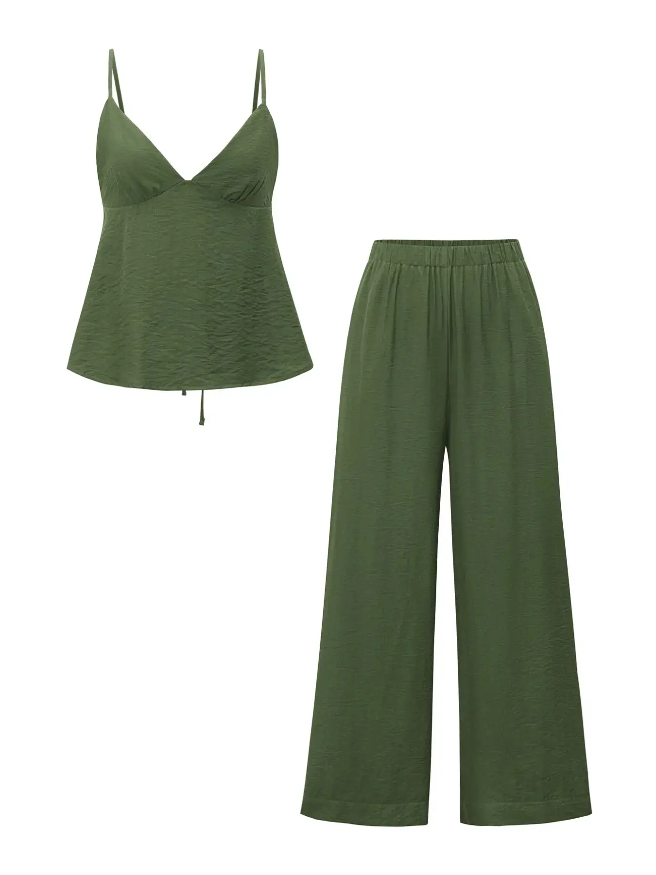 Fashion Vacation-Style Deep V Backless Lightweight Crop Top and Wide-Leg Pants Two-Piece Set, Sleeveless Fitted Top, Full-Length Pants with Natural Waist, Womenswear Clothes