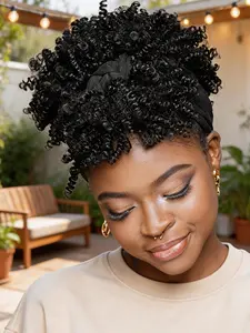 2-in-1 Afro Kinky Curly Headband Wig for Black Women - Dark Brown Ombre High Puff Ponytail & Scarf Wrap with Bangs, Perfect for Holiday Parties, Synthetic Fiber Wig, Synthetic Material Wigs, Synthetic Curly Wigs
