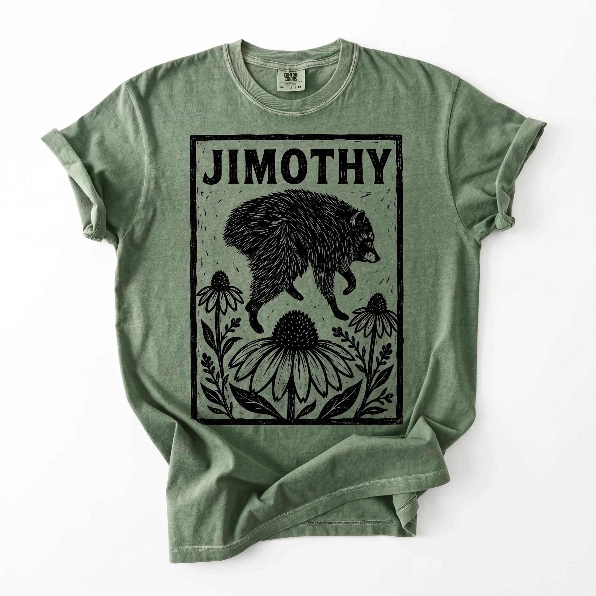 Men’s 100% Cotton Jimothy Raccoon Short-Sleeve Tee – Unisex Oversized Graphic Print Streetwear, Long Lasting Ink Cottagecore Trash Panda Meme Viral Comfort Top, Multi-Size Aesthetic Casual Breathable Shirt