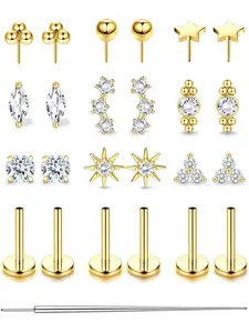 Steel Tragus Piercing Jewellery 14K Gold Plated Threadless Flat Back Earrings Push in Nose Studs Conch Daith Piercing Jewellery Nose Piercing Jewelry 20G 18G