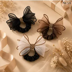 Elegant Bow Organza Satin Scrunchie Rhinestone Detail Hair Tie Multiple Colors for Women Girls Daily Ponytail Wear Gift