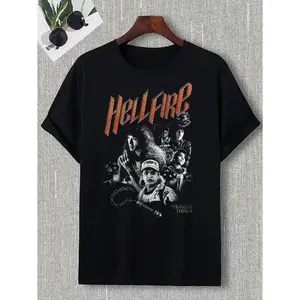 Black T-Shirt Hellfire Stranger Things Graphic Print For Casual Wear, Vintage 90s Retro Tee, 100% Cotton, Movie Graphic T-Shirt for Fans