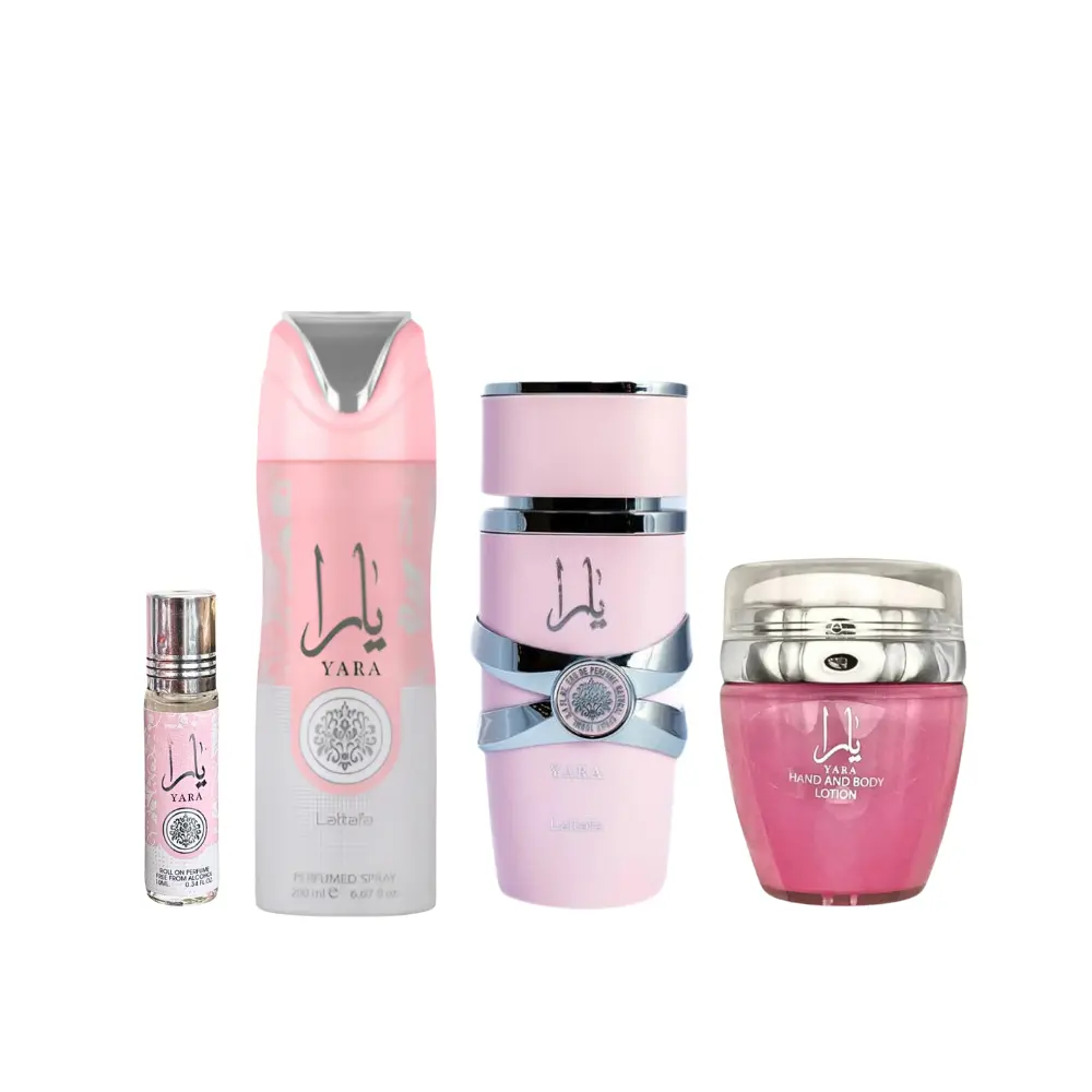 Lattafa Yara 4-Piece Luxury Fragrance Bundle for Women – 3.4 Oz Perfume, Body Spray, Perfume Oil & Body Lotion Floral Gourmand Scent Floral Fruity Vanilla