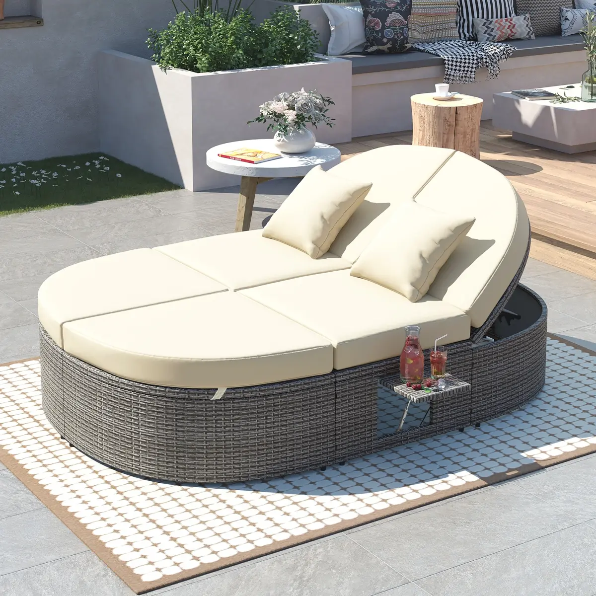 Direct Wicker UBS-SP100015AAA Outdoor Rattan Daybed, Patio 2-Person Sun Bed with Cushions and Pillows, Chaise Lounge with Adjustable Backrests