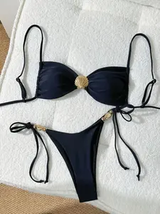 Women's Vintage Hidden Blue Shell Metal Decorative Sexy Thin Straps Adjustable High Waist Slimming Two-Piece Swimsuit Bikini Set Adjustable Bikini Top Bikinis Set
