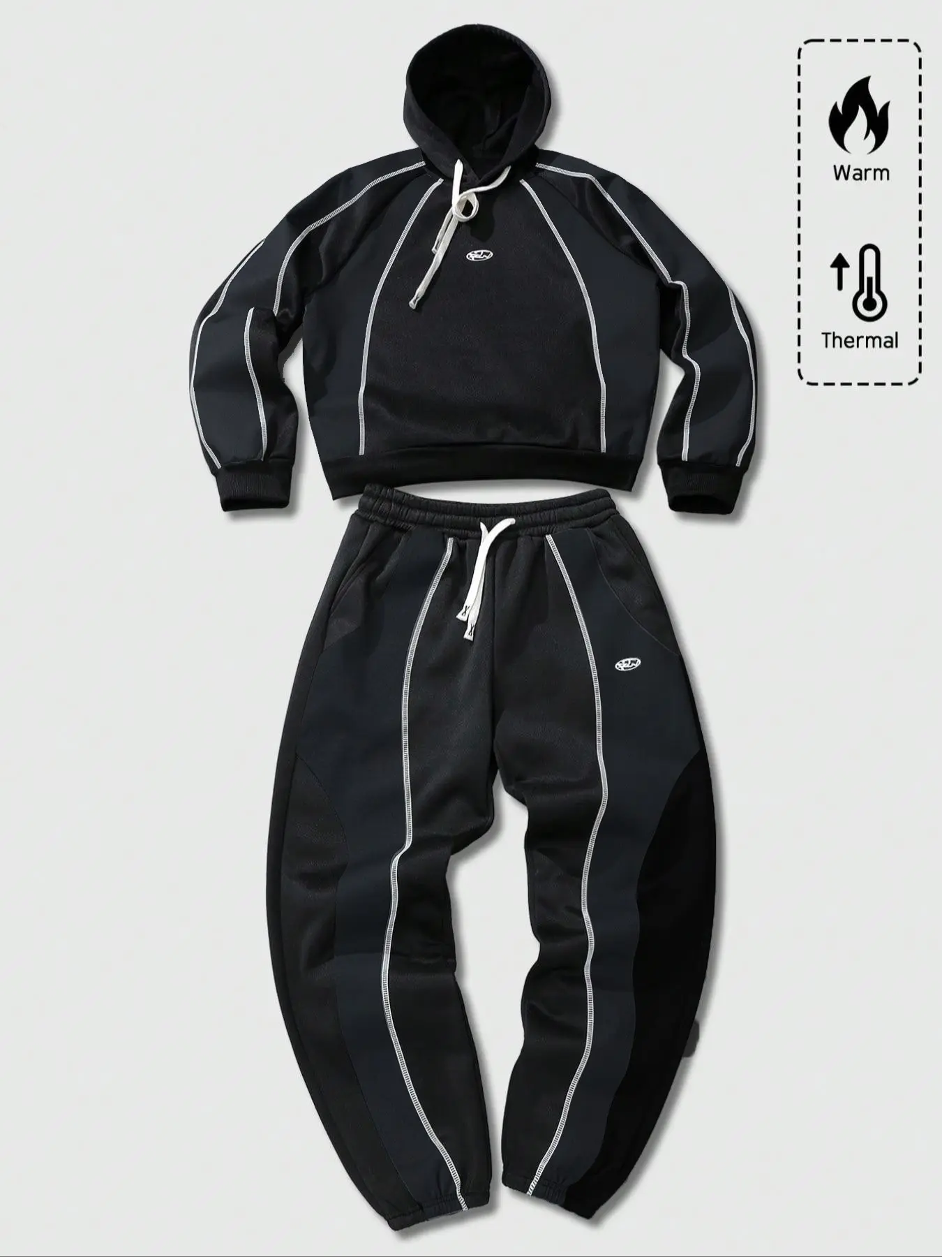 Oversized Color Block 2-Piece Tracksuit | Black & Gray Patchwork Hoodie + Jogger Pants | Contrast Stitching & Drawstring Design | Gen Z Streetwear Outfit for Winter Casual & Daily Errands | Casual Tracksuits