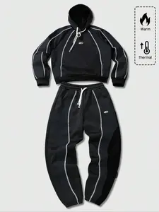 Oversized Color Block 2-Piece Tracksuit | Black & Gray Patchwork Hoodie + Jogger Pants | Contrast Stitching & Drawstring Design | Gen Z Streetwear Outfit for Winter Casual & Daily Errands | Casual Tracksuits