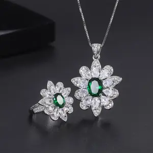 Luxury Vintage Emerald Jewelry Set - Floral Halo Pendant Necklace & Adjustable Ring for Women - Elegant Statement Jewelry for Parties & Weddings