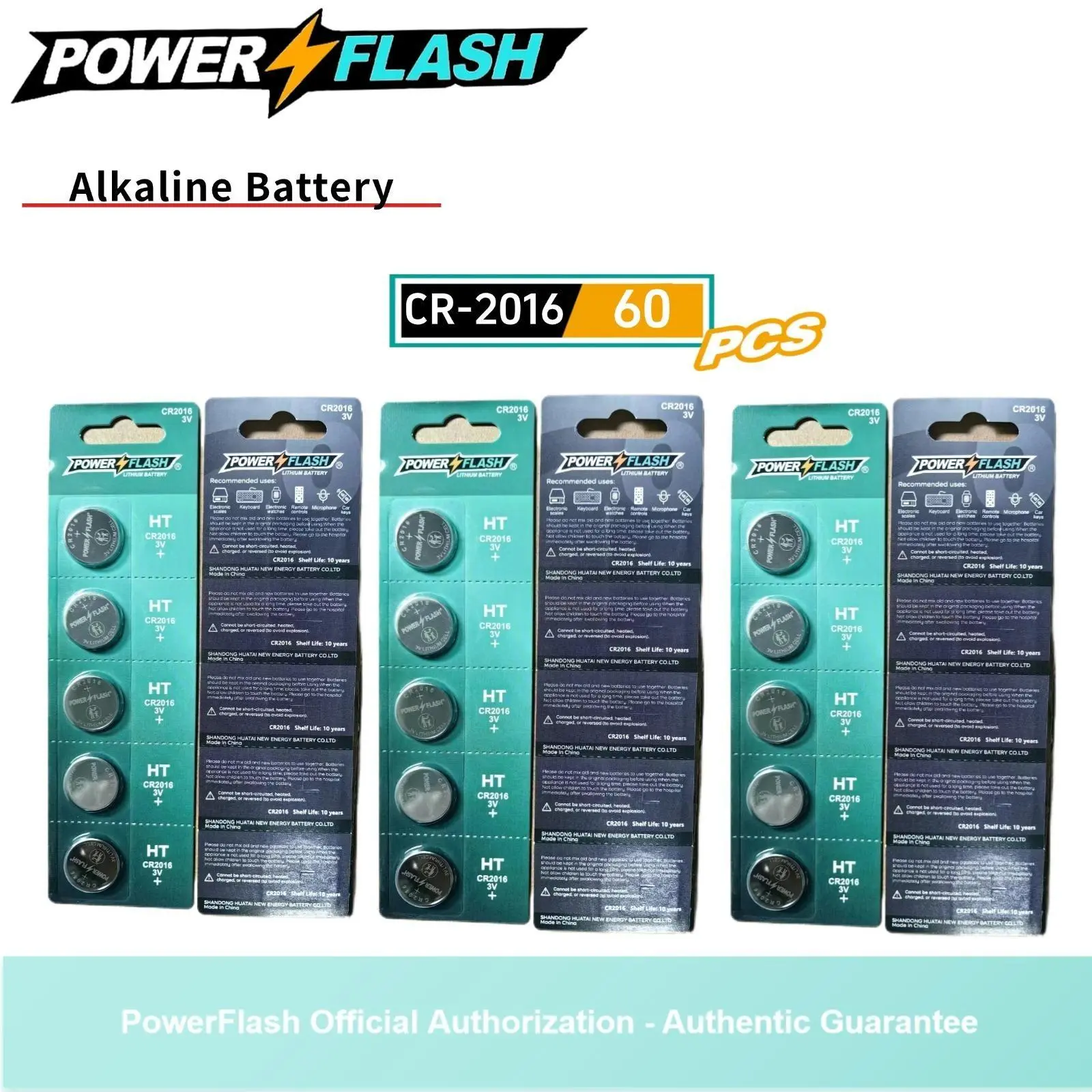 POWERFLASH 60-Pack 3V CR2016 Lithium Coin Cell Batteries, Compact Portable Non-Rechargeable Button Cell for Electronic Devices